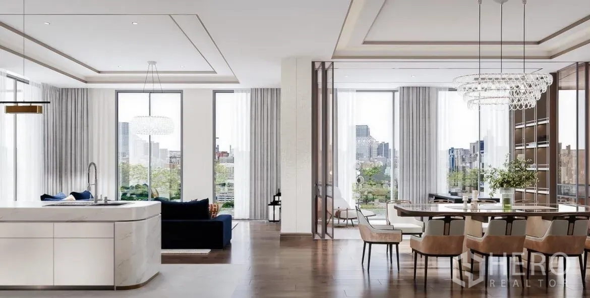 公寓 出售在Watthana, Bangkok - 餐厅与起居空间连通现代厨房，大幅窗景框出曼谷天际线。