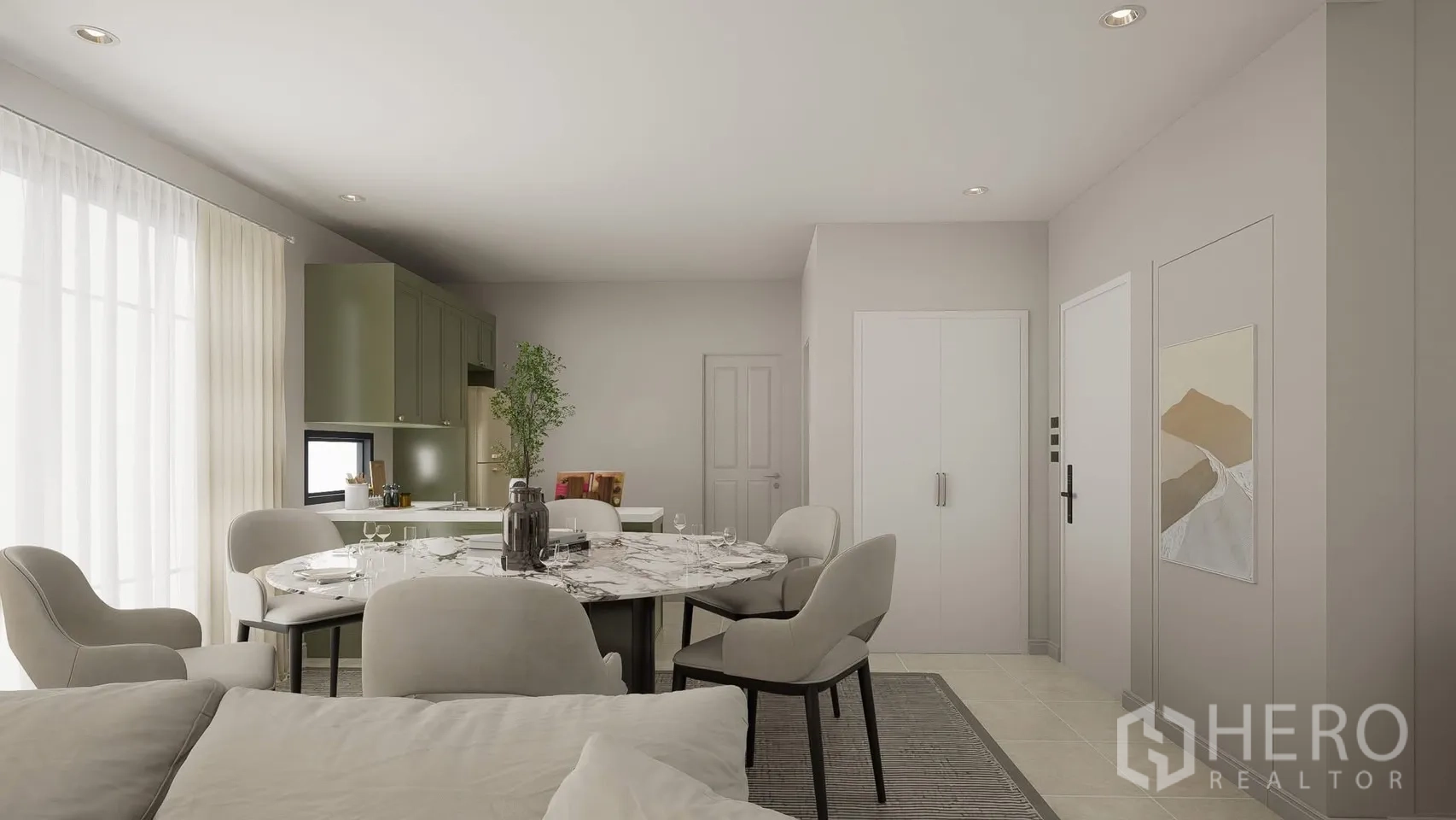 独立式住宅 出租在Bang Phli, Samut Prakan - 餐区邻浅绿色橱柜的轻型厨房。