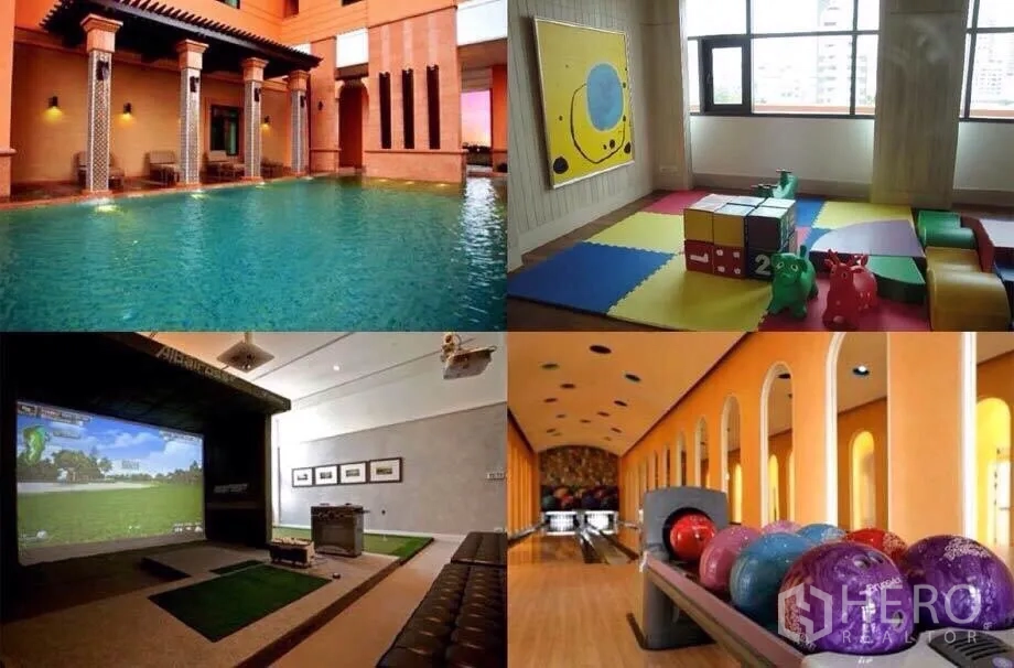 公寓 出租或出售在Khlong Toei, Bangkok - 设施拼图：度假风泳池、室内儿童乐园、高尔夫模拟器与保龄球道。