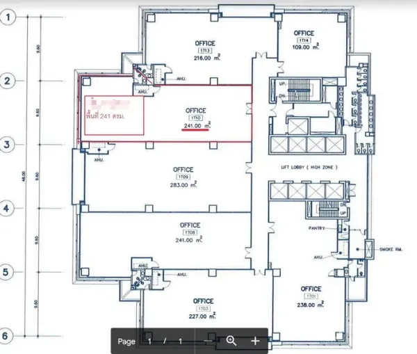 Office Space for rent in Bang Rak, Bangkok - Floor plan highlighting a 241 sqm office unit next to the lift lobby in a high-rise.