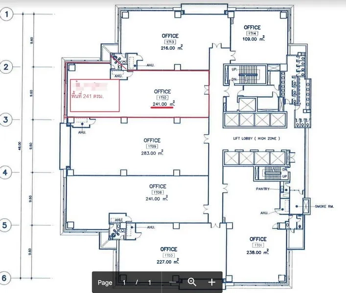 Office Space for rent in Bang Rak, Bangkok - Floor plan highlighting a 241 sqm office unit next to the lift lobby in a high-rise.
