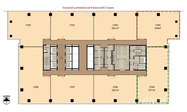 สำนักงาน ให้เช่าในRatchathewi, Bangkok - ผังชั้นสำนักงานไฮไลต์ยูนิตมุมขนาด 277 ตร.ม. พร้อมโถงลิฟต์ ห้องน้ำรวม และกระจก Low‑E รอบอาคาร