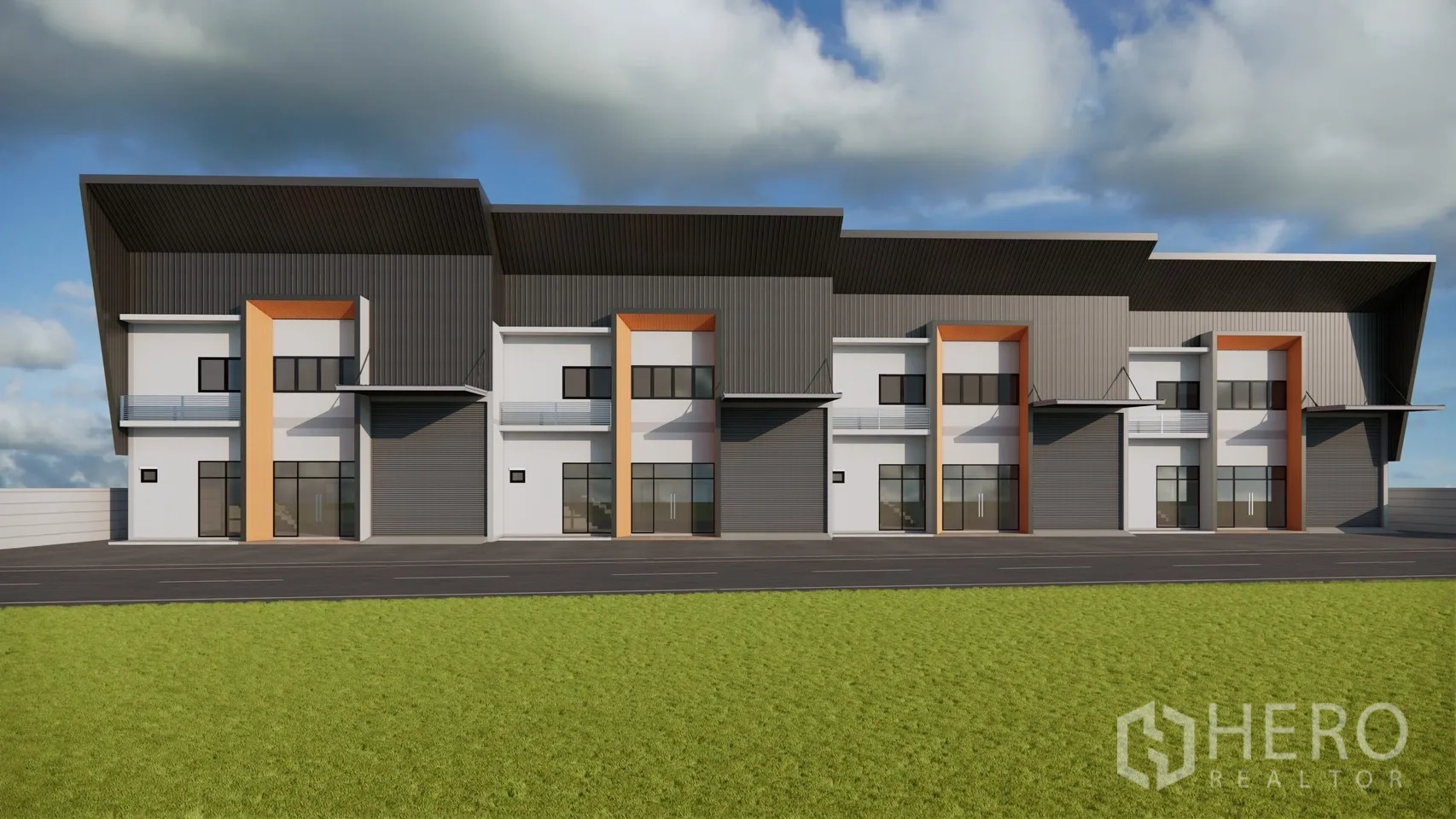 Warehouse for rent in Khlong Sam Wa, Bangkok - Front view of warehouse units with office frontage, roller shutter doors, and covered loading bays.