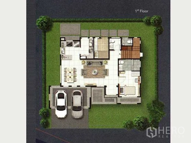 Detached House for sale in Suan Luang, Bangkok - First‑floor plan with open living‑dining layout, kitchen, guest room, garden, and two‑car carport.