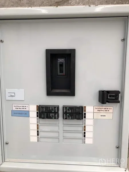 Warehouse for rent in Lat Lum Kaeo, Pathum Thani - Close-up of a warehouse electrical control panel with clearly labeled breakers.