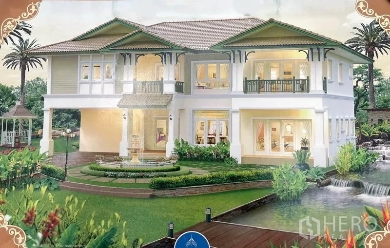 บ้าน ขายในLam Luk Ka, Pathum Thani - ภาพเรนเดอร์บ้านสองชั้นเสร็จสมบูรณ์ จัดสวนสวย มีระเบียงและสายน้ำ