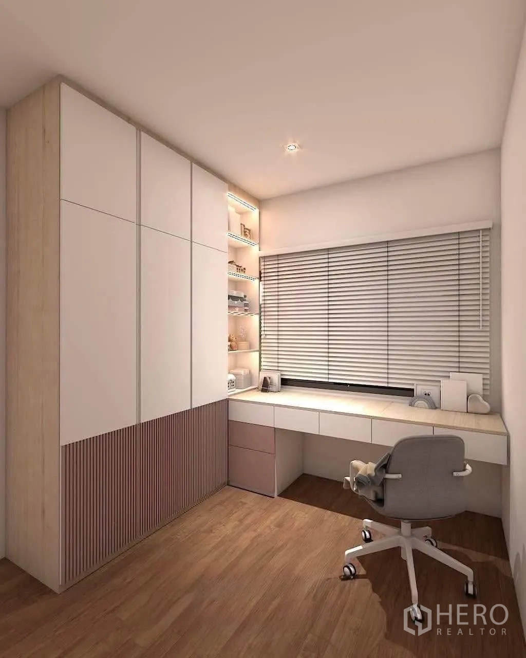 联排别墅 for rent in Bang Kapi, Bangkok - 工作间设有内置衣柜与带搁架的长书桌。