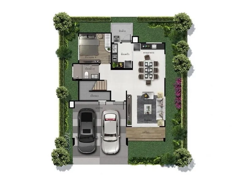 独立式住宅 出租在Bang Kapi, Bangkok - 一层户型图：客餐厅、厨房、卧室与双车位车库