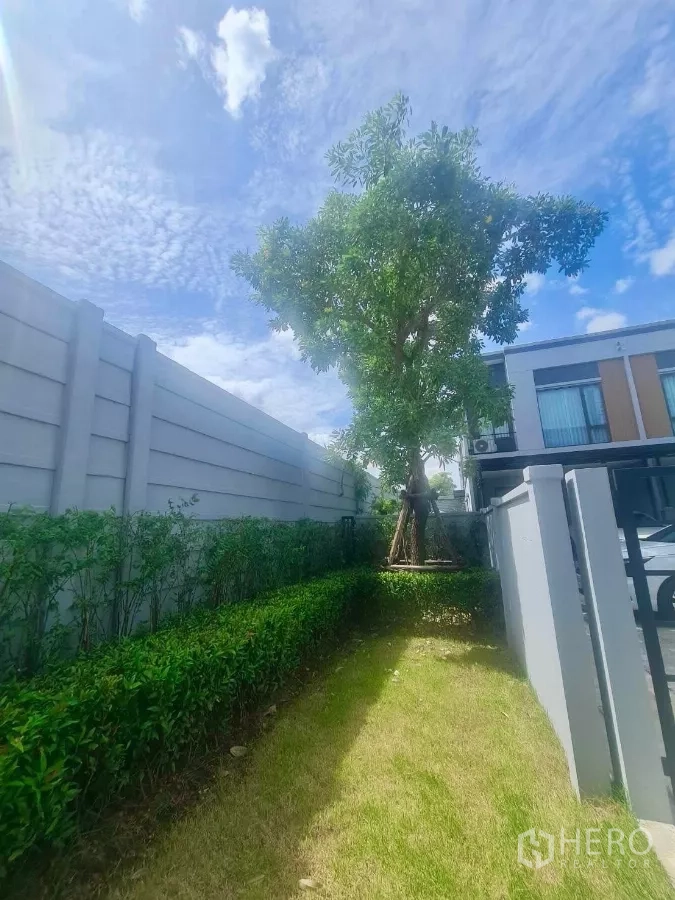 Townhouse for rent in Bang Phli, Samut Prakan - Private front garden with mature tree and hedges beside the townhouse.