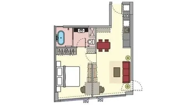 Apartment for rent in Watthana, Bangkok - Floor plan of a 54 sqm one-bedroom apartment with open-plan living, kitchen and bath with tub.