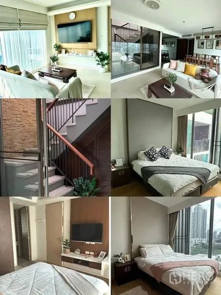 公寓 出租 - 拼图：客厅、楼梯及两间现代卧室，带城市景观