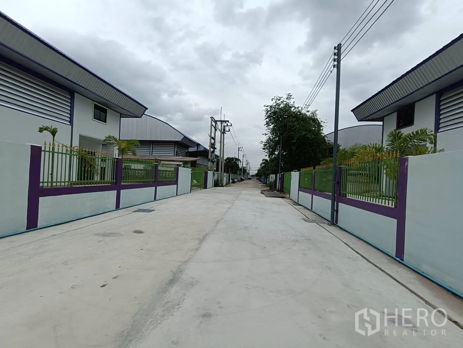 โรงงาน ให้เช่าในLam Luk Ka, Pathum Thani - ถนนคอนกรีตภายในโครงการ มีรั้วโรงงานสองข้างทางและเสาไฟฟ้า