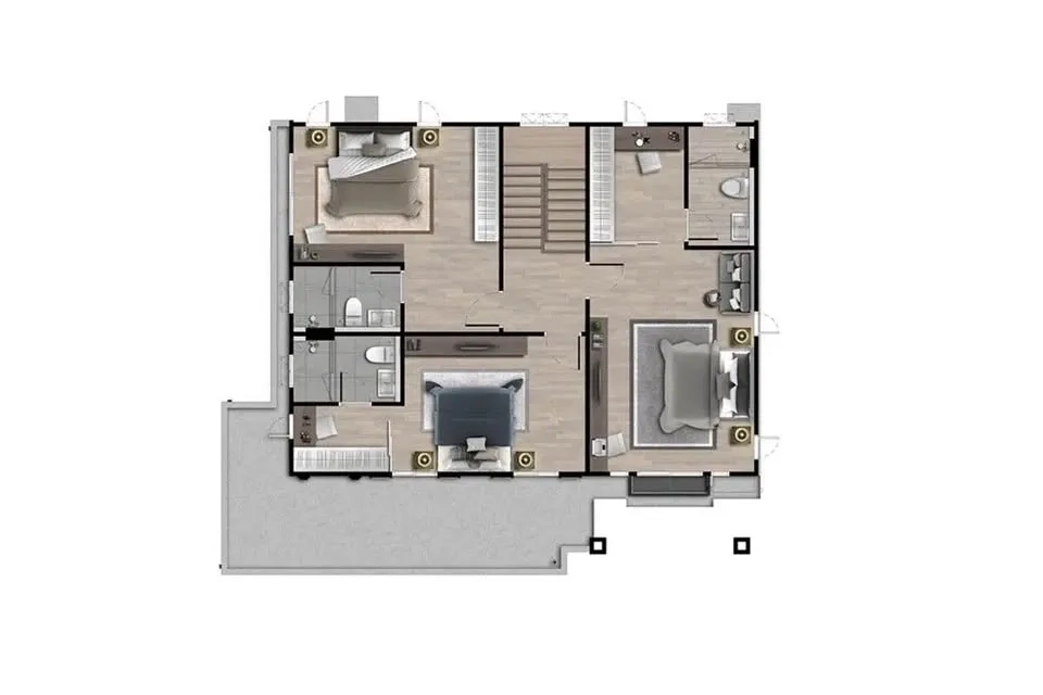 Detached House for rent in Don Mueang, Bangkok - Second-floor plan showing three bedrooms, closets, and bathrooms.