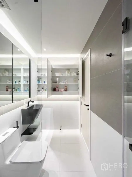 Condominium for rent or sale - Contemporary bathroom with mirrored cabinets, open shelving and crisp white tiles.