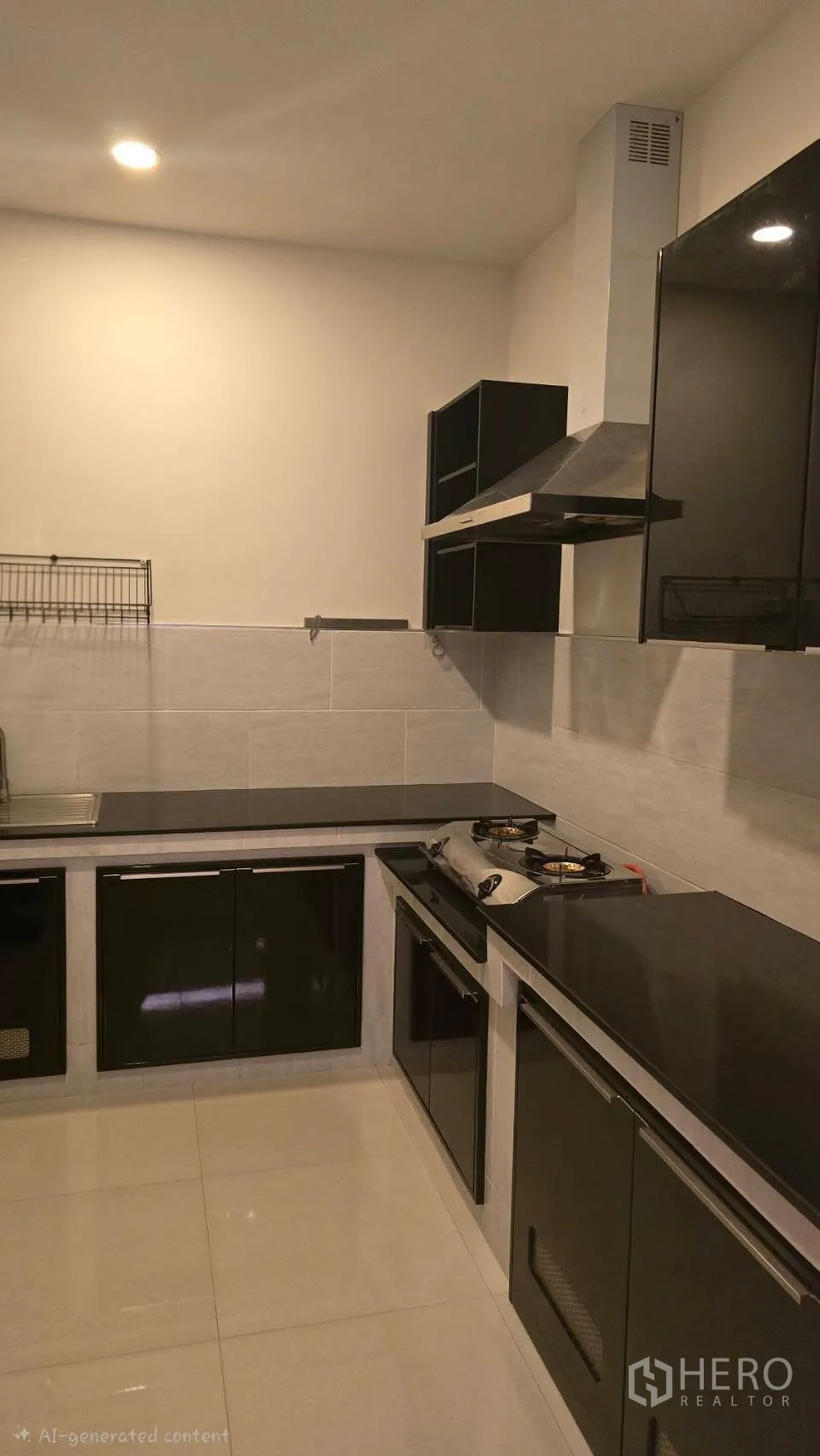 Detached House for rent in Prawet, Bangkok - Modern kitchen with black cabinets, gas hob, range hood and tiled backsplash.