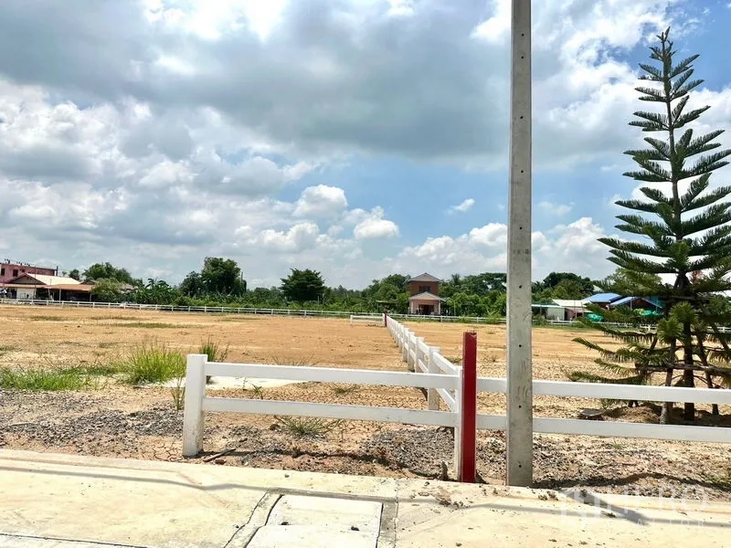 Land for sale in Lam Luk Ka, Pathum Thani - Cleared plot with crackled soil and a countryside tree line in the background.