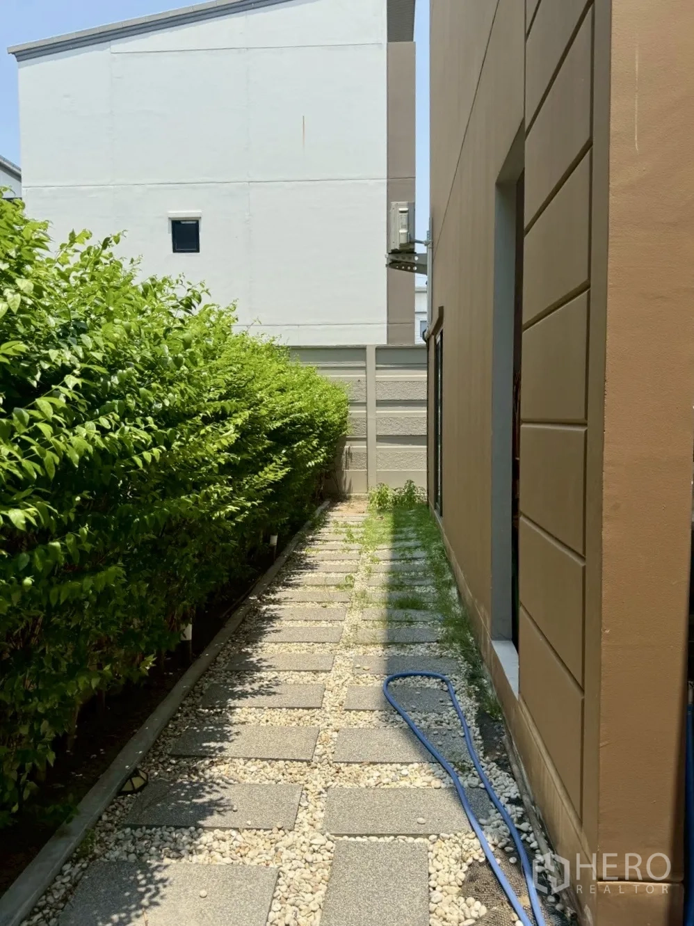 联排别墅 for rent in Prawet, Bangkok - 侧院碎石步道，两侧绿篱。