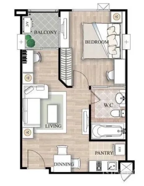 Condominium for rent or sale in Khlong Toei, Bangkok - One-bedroom condo floor plan showing living area, pantry, balcony, and bathroom with bathtub.