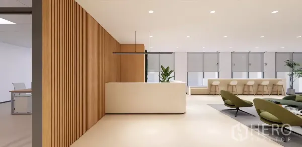 สำนักงาน ให้เช่าในHuai Khwang, Bangkok - เคาน์เตอร์ต้อนรับสไตล์โมเดิร์น ผนังลายไม้ เลานจ์ และบาร์ริมหน้าต่างในสำนักงานสว่างโปร่ง