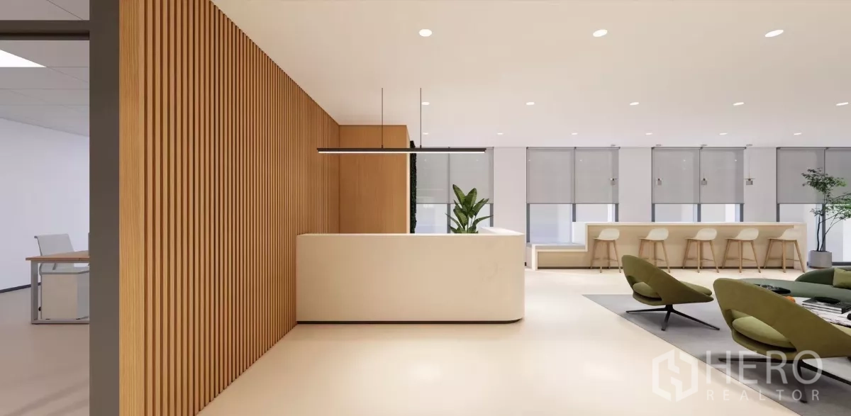 สำนักงาน ให้เช่าในHuai Khwang, Bangkok - เคาน์เตอร์ต้อนรับสไตล์โมเดิร์น ผนังลายไม้ เลานจ์ และบาร์ริมหน้าต่างในสำนักงานสว่างโปร่ง