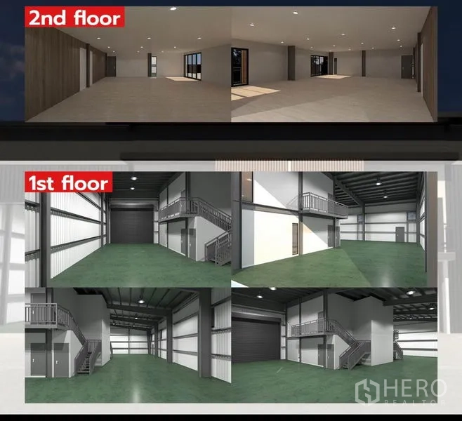 คลังสินค้า ให้เช่าในLam Luk Ka, Pathum Thani - ภาพเรนเดอร์แบบภายใน แสดงโถงชั้นล่างและสำนักงานชั้นสอง