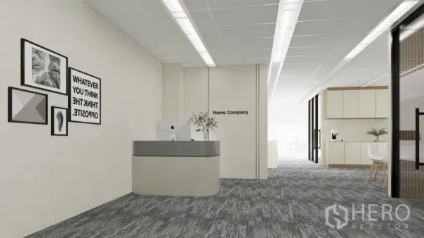 Office Space for rent in Dusit, Bangkok - Open-plan entrance with reception counter, wall art and corridor leading to pantry and work area.