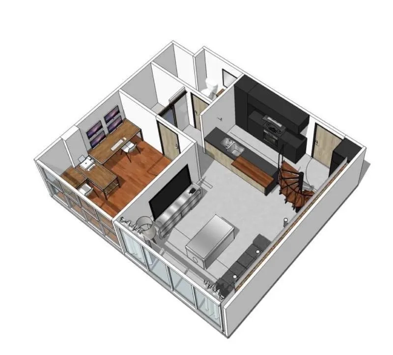 คอนโด for rent in Watthana, Bangkok - แปลนห้องแบบสามมิติแสดงผังครัว พื้นที่นั่งเล่น และบันไดวน