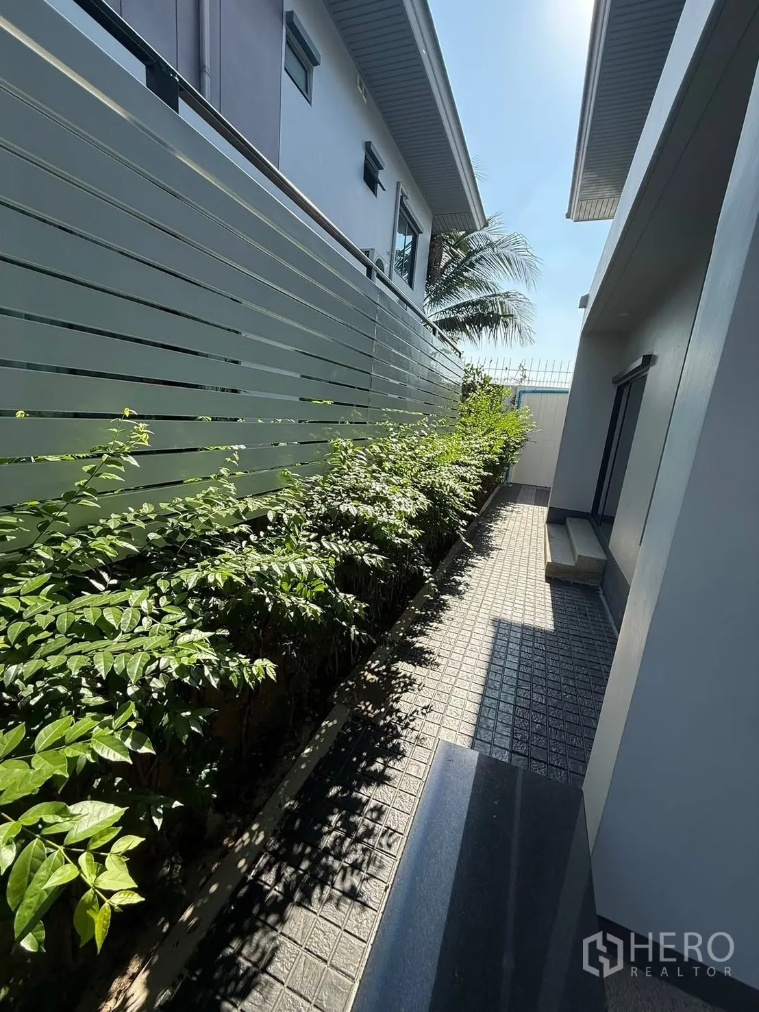 Detached House for rent in Prawet, Bangkok - Side garden walkway with low hedges along a privacy fence beside the house.