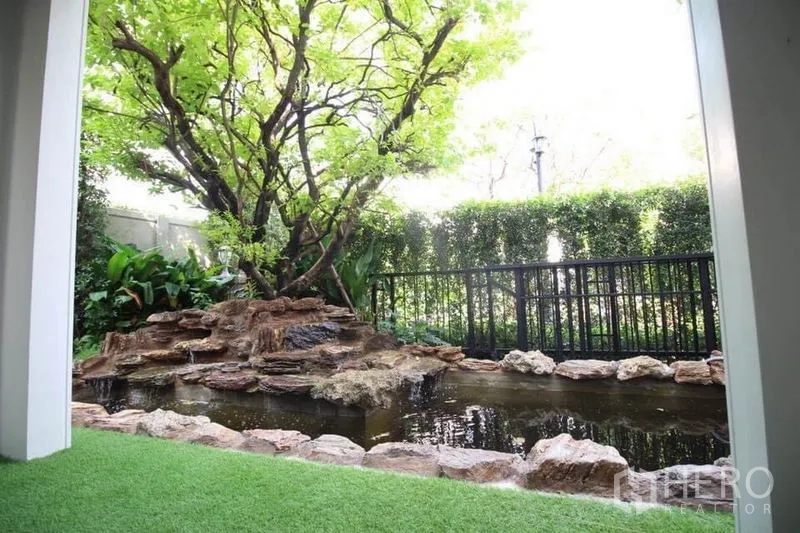 独立式住宅 出租或出售在Lat Phrao, Bangkok - 私家庭院有大树与岩石环绕的景观池，配黑色围栏。