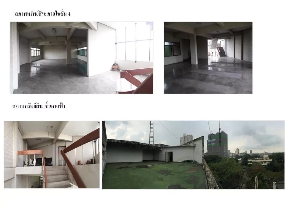 零售空间 出租在Bang Na, Bangkok - 拼图：开放式高层楼面、混凝土地面、室内楼梯以及可观景的屋顶平台。