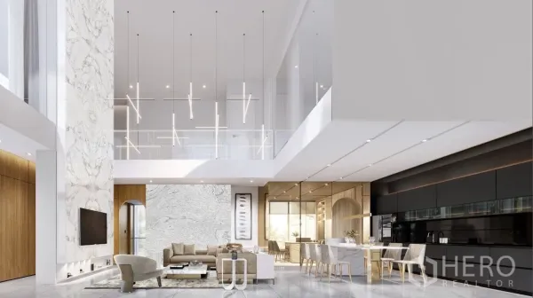 Detached House for sale in Bang Phli, Samut Prakan - Open-plan render showing lofty living area, pendant lights and sleek black kitchen.