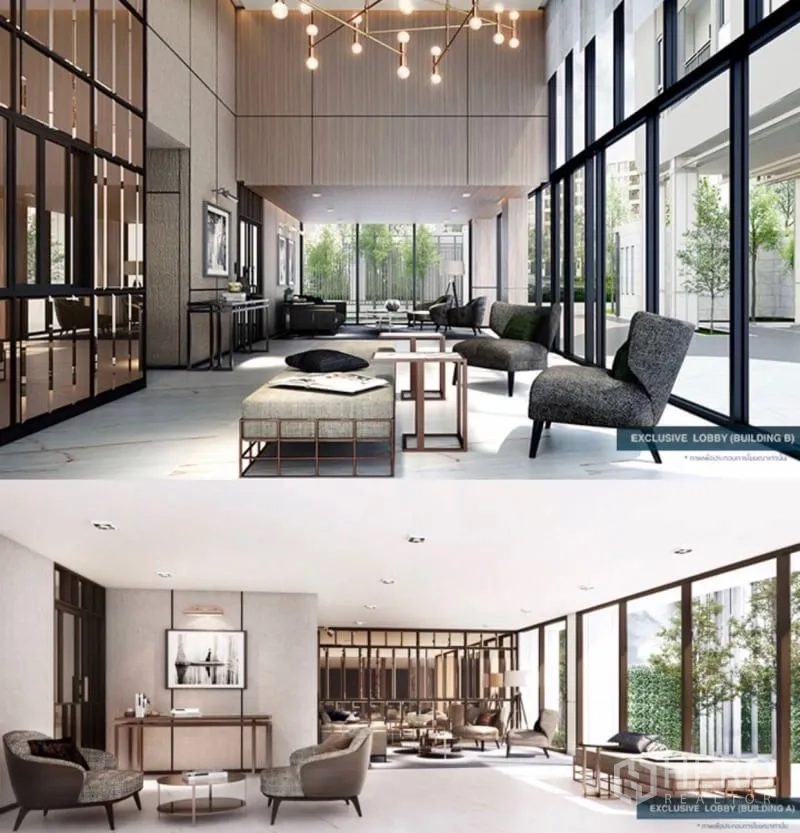 公寓 出售在Phra Khanong, Bangkok - 公寓大堂与会客休息区，落地窗与现代家具设计。