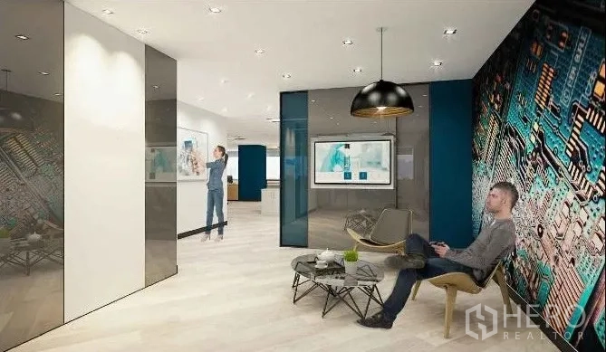 办公空间 出租在Chatuchak, Bangkok - 曼谷办公楼的现代接待休息区，玻璃隔断、艺术壁画与吊灯。