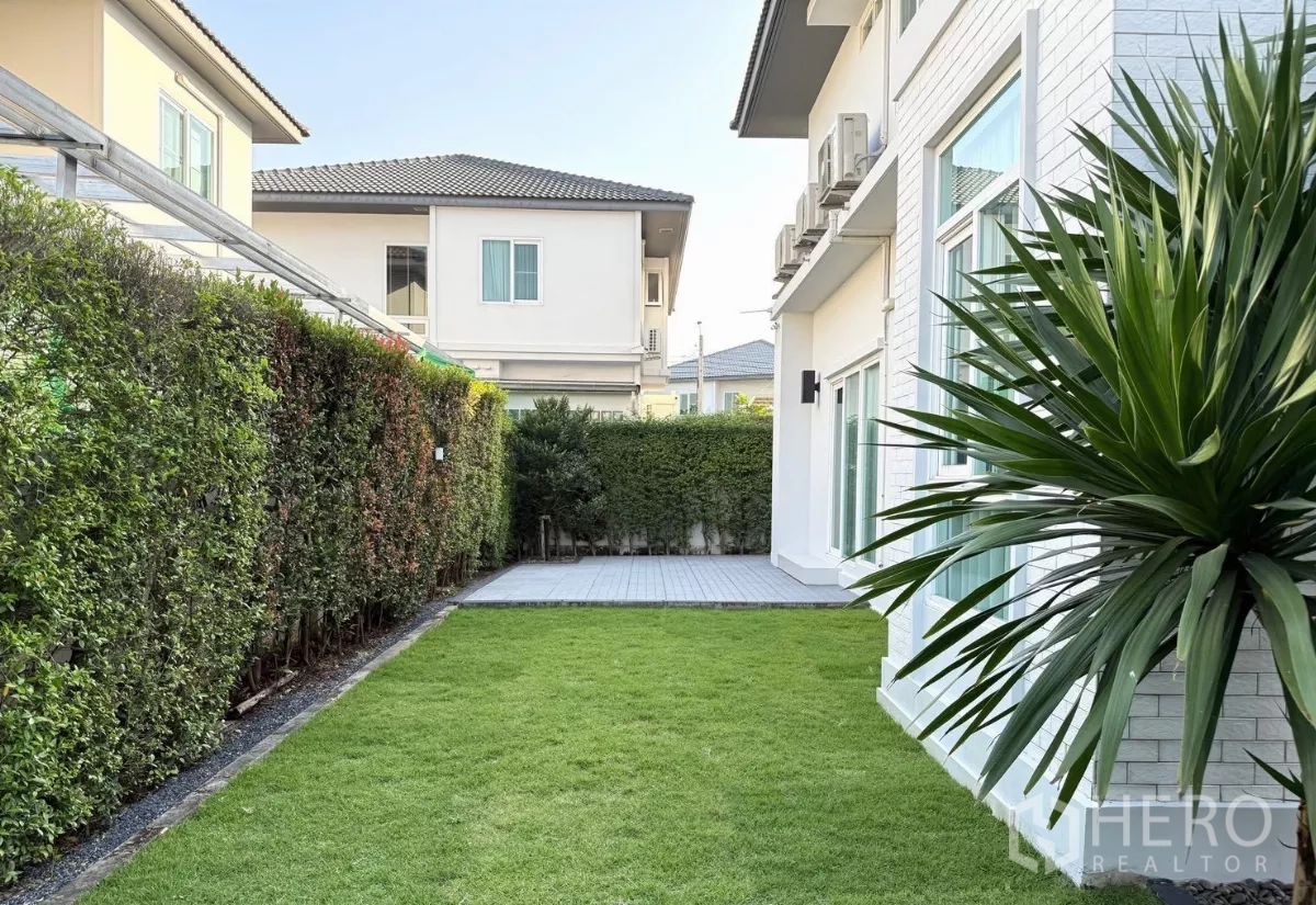 Detached House for rent in Prawet, Bangkok - Side garden with green lawn, privacy hedge and patio beside the house