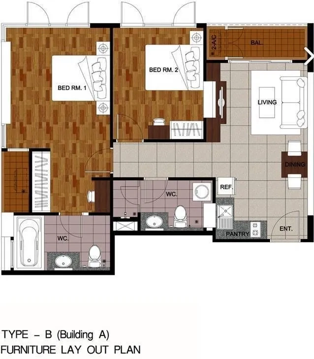 คอนโด ให้เช่าในKhlong Toei, Bangkok - ผังห้องคอนโด 2 ห้องนอน 2 ห้องน้ำ พร้อมพื้นที่นั่งเล่นเปิดโล่ง ระเบียง และห้องครัว