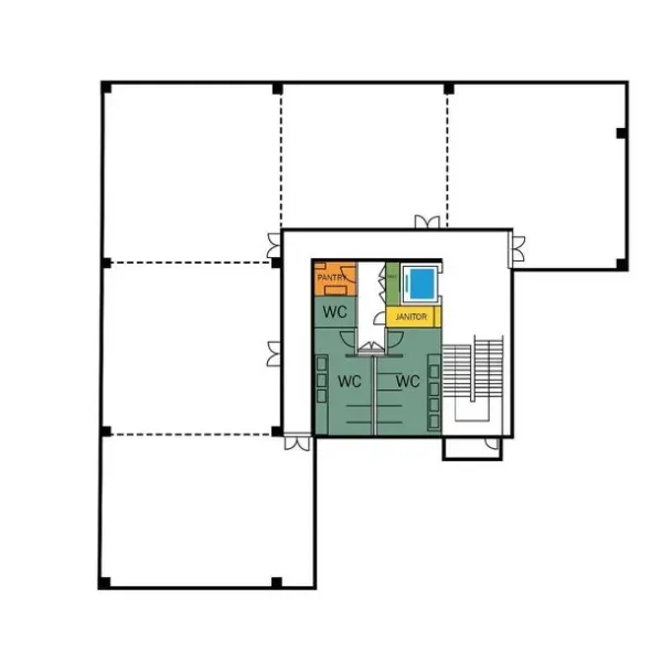 Office Space for rent in Bang Na, Bangkok - Office floor plan showing lift core, male and female WCs, pantry, janitor room, and stair access near BTS Bearing.