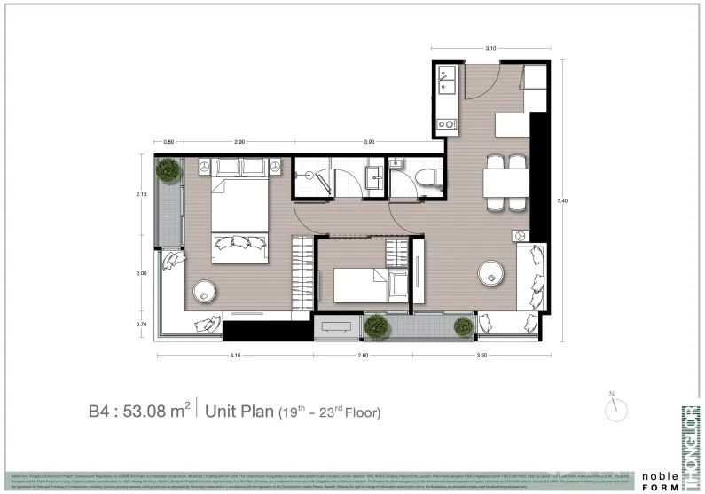 คอนโด ขายในWatthana, Bangkok - ผังห้องคอนโด 53 ตร.ม. โซนทองหล่อ มี 1 ห้องนอน ห้องอเนกประสงค์ ครัวเปิด พื้นที่นั่งเล่น-ทานอาหาร และระเบียง