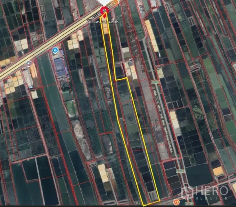Land for sale in Mueang Samut Sakhon, Samut Sakhon - Satellite map highlighting a long rectangular land plot outlined in yellow connecting to Rama 2 Road.