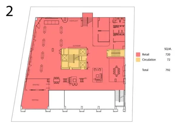 零售空间 出租在Watthana, Bangkok - 二层零售平面图，含流线与户外区域