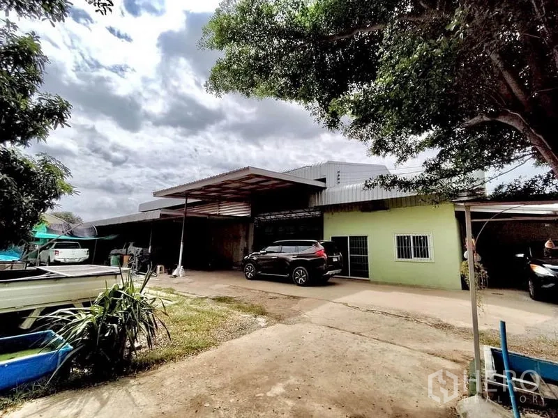 โรงงาน ขายในLat Lum Kaeo, Pathum Thani - มุมมองด้านหน้าโรงงานชั้นเดียว มีหลังคาคลุมลานขนถ่าย พื้นคอนกรีต และรถจอดใต้ร่มไม้