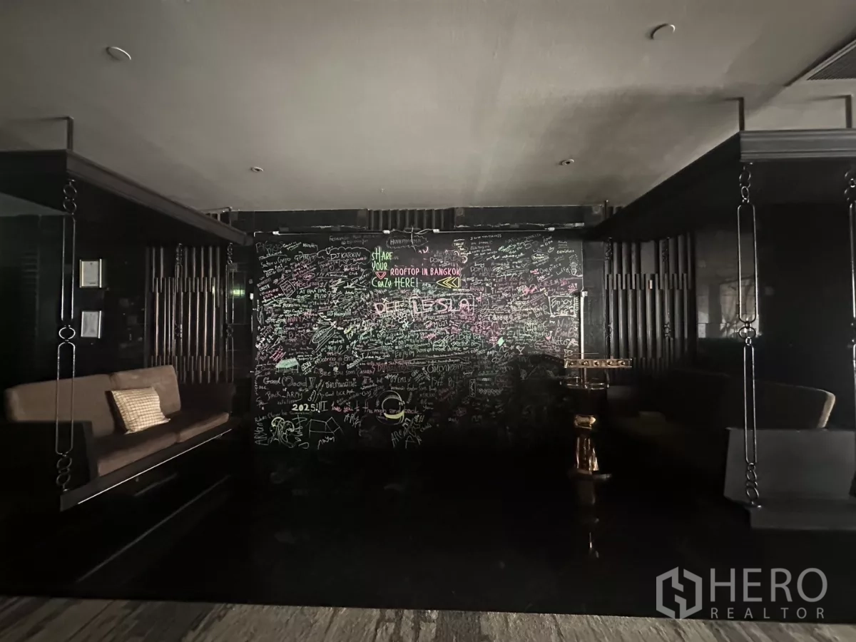 พื้นที่ขายปลีก ให้เช่าในKhlong Toei, Bangkok - โถงเลานจ์สลัวพร้อมผนังชอล์กกราฟฟิตีและโซฟาบิลท์อิน