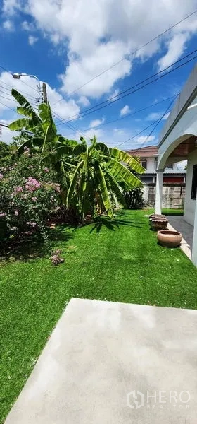 独立式住宅 出租在Lat Phrao, Bangkok - 草坪花园，香蕉树、开花灌木与陶盆点缀。