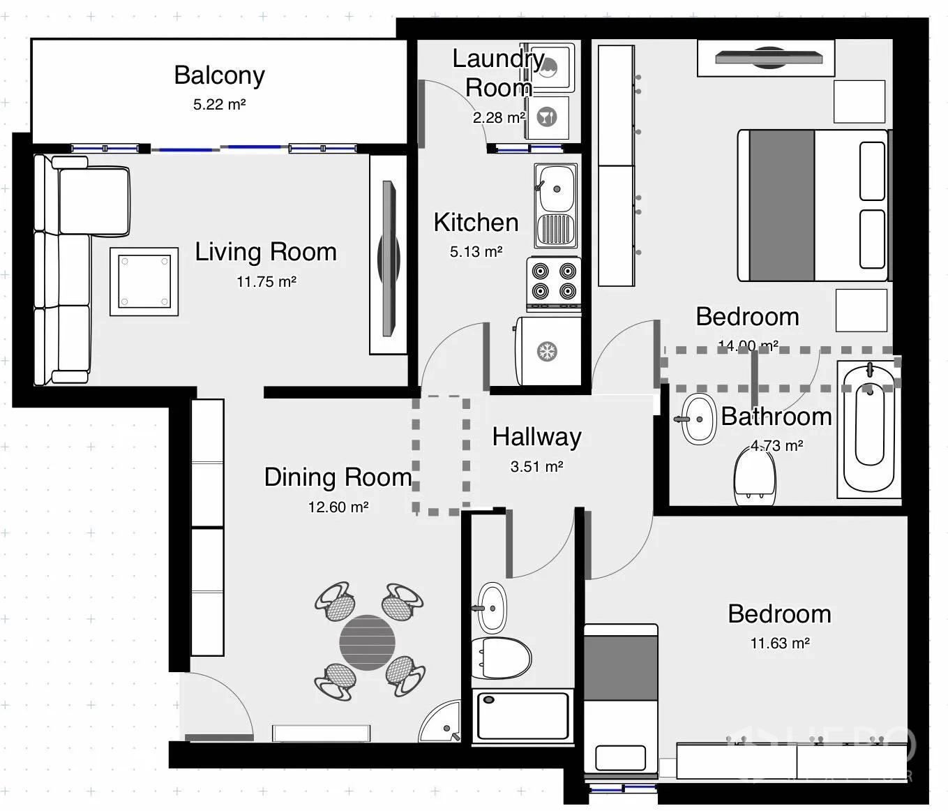 คอนโด ให้เช่าหรือขายในWatthana, Bangkok - ผังห้องคอนโด 96 ตร.ม. แสดง 2 ห้องนอน 2 ห้องน้ำ ห้องนั่งเล่น ห้องทานอาหาร ครัว และระเบียง