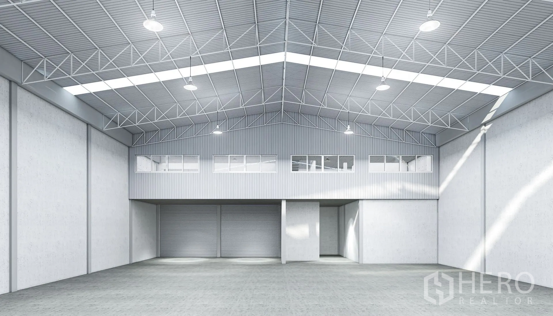 Factory for rent in Pathum Thani - 3D render showing mezzanine offices and multiple roller shutters inside the factory.