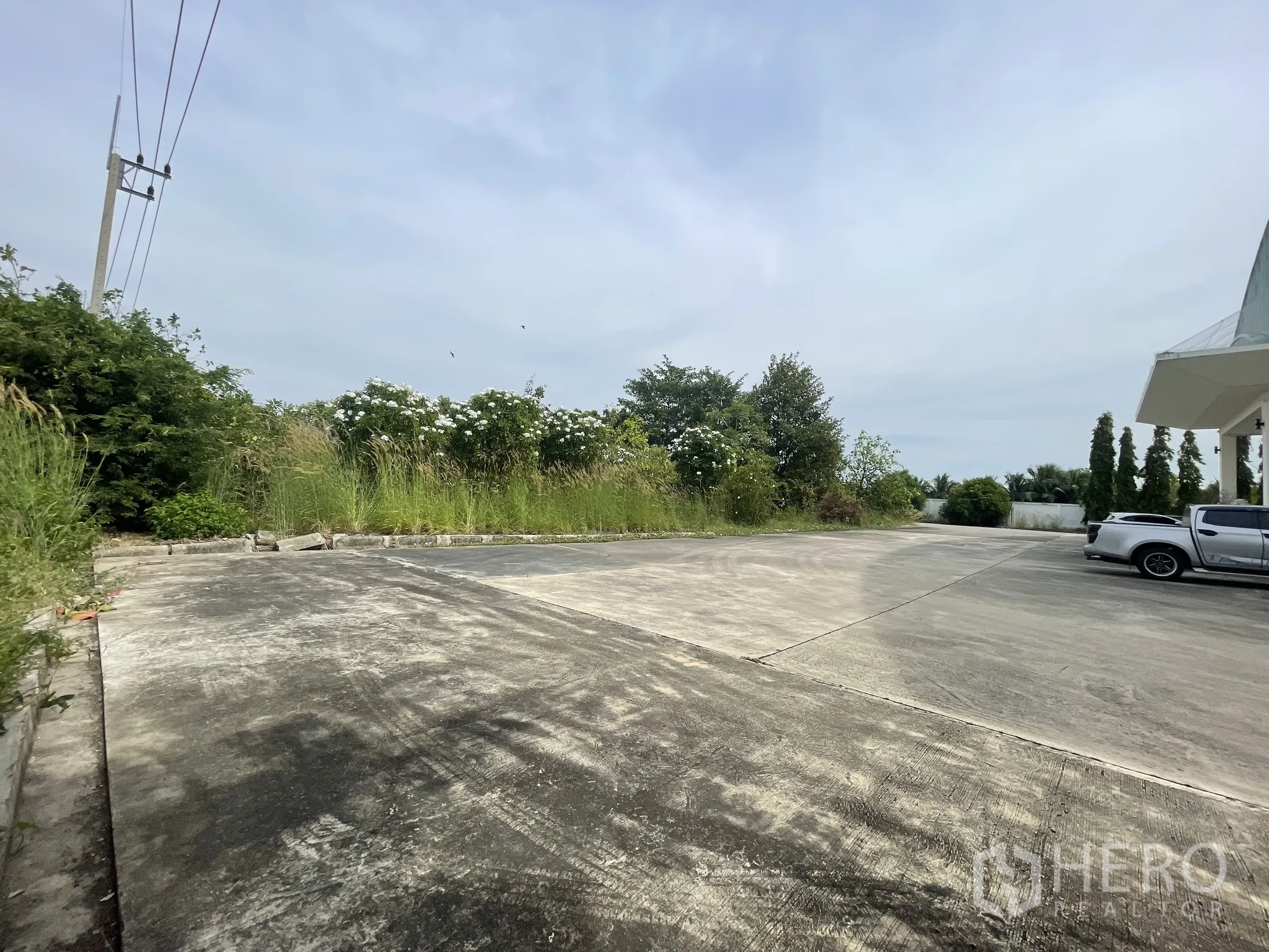 Warehouse for sale in Lat Lum Kaeo, Pathum Thani - Expansive concrete yard with surrounding greenery and power lines beside the warehouse.