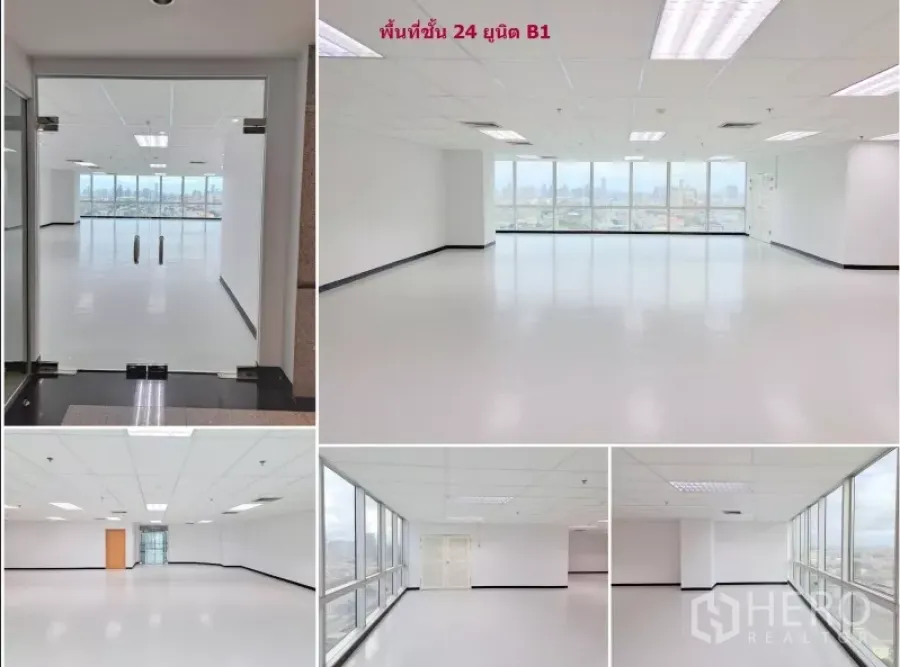 Office Space for rent in Suan Luang, Bangkok - Bright open‑plan office with full-height windows, city skyline views and a glass door entrance.