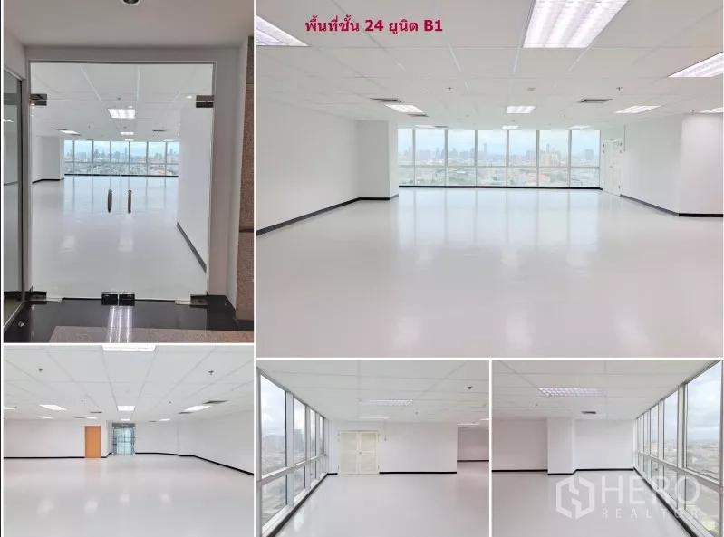 Office Space for rent in Suan Luang, Bangkok - Bright open‑plan office with full-height windows, city skyline views and a glass door entrance.