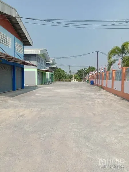 Factory for rent in Lat Lum Kaeo, Pathum Thani - Wide paved access road in an industrial compound with factory units and a palm-lined fence.
