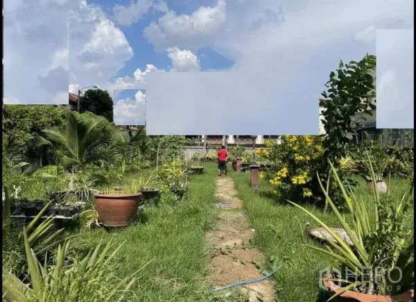 ที่ดิน ขายในSuan Luang, Bangkok - ทางเดินดินยาวท่ามกลางสนามหญ้าและกระบะปลูกต้นไม้ในแปลงราบ