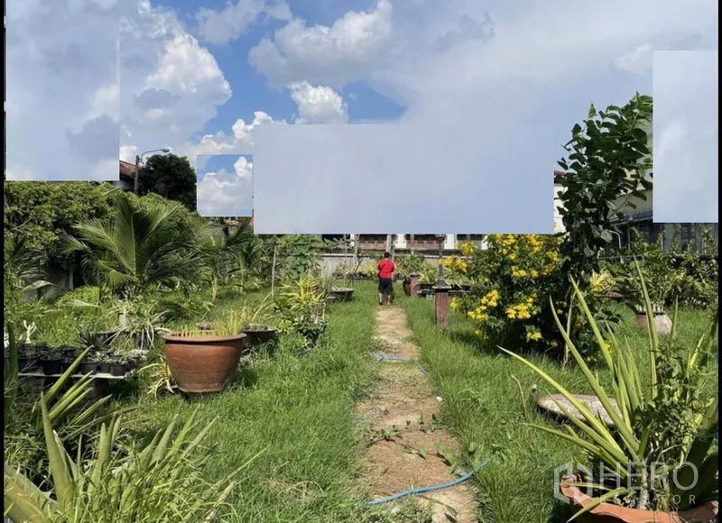 ที่ดิน ขายในSuan Luang, Bangkok - ทางเดินดินยาวท่ามกลางสนามหญ้าและกระบะปลูกต้นไม้ในแปลงราบ
